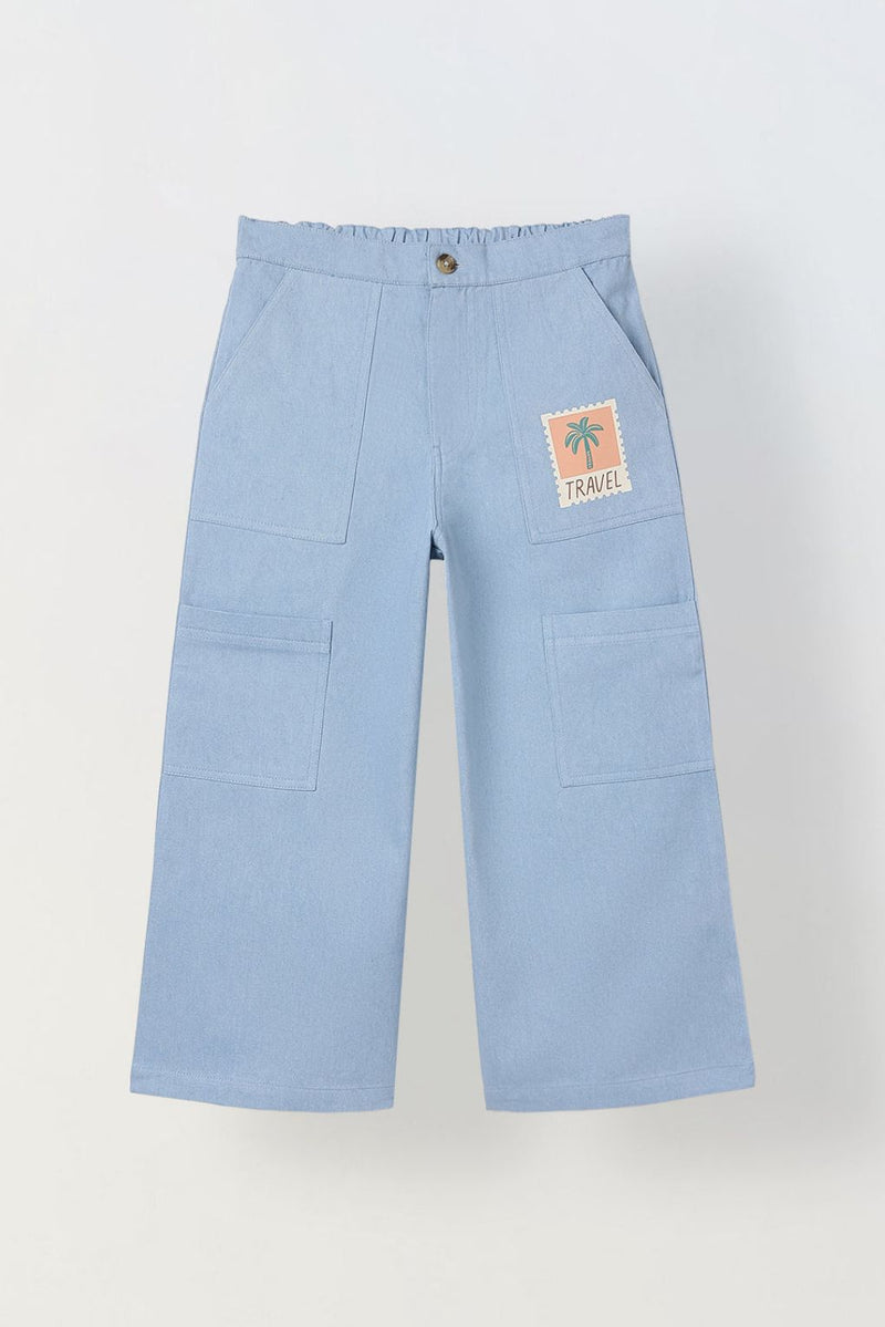 Spunkies Girls Blue Graphic Print Button and Zip Straight Leg Flat-Front Trousers