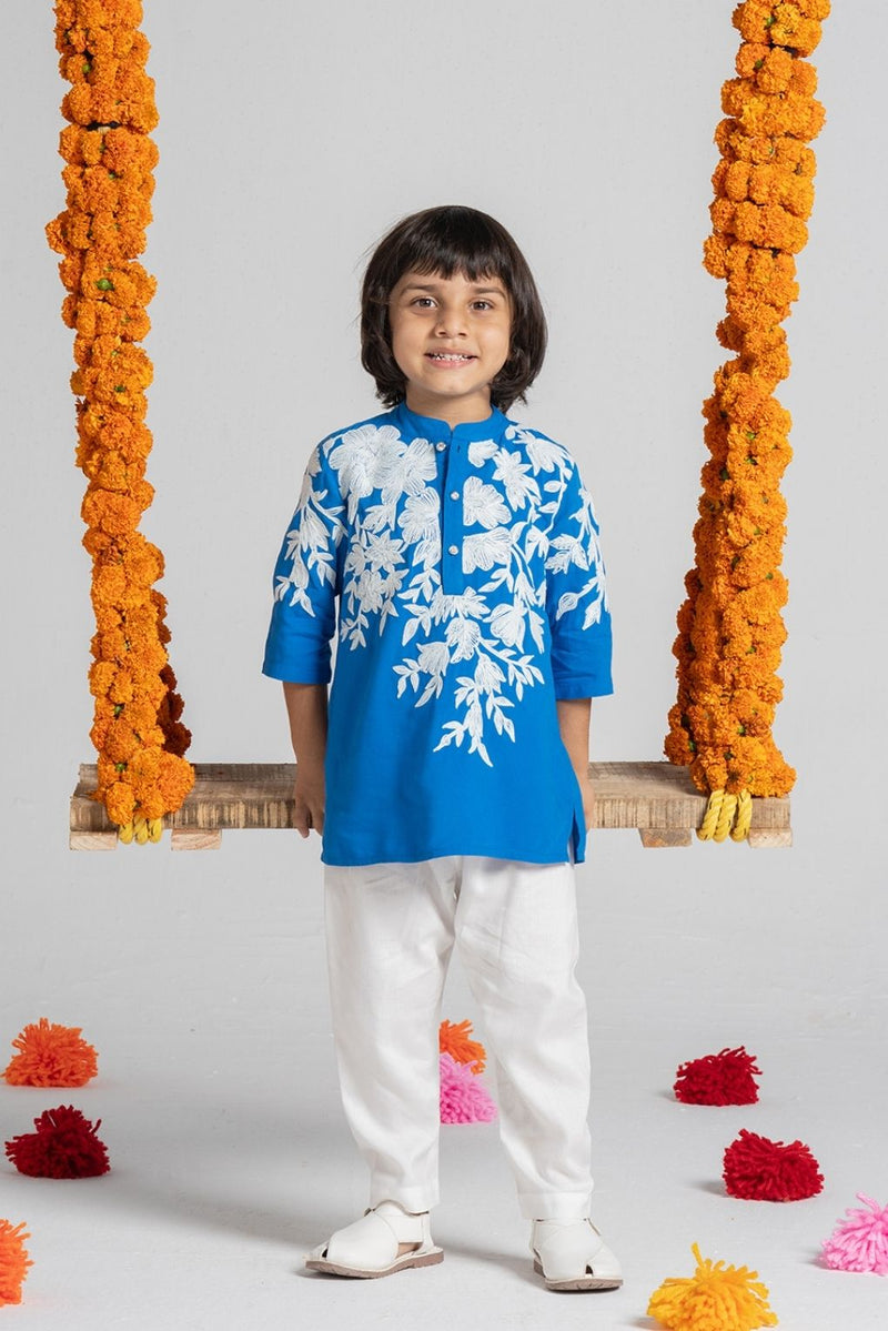 Boys Sky Blue Embroidered Kurta Set
