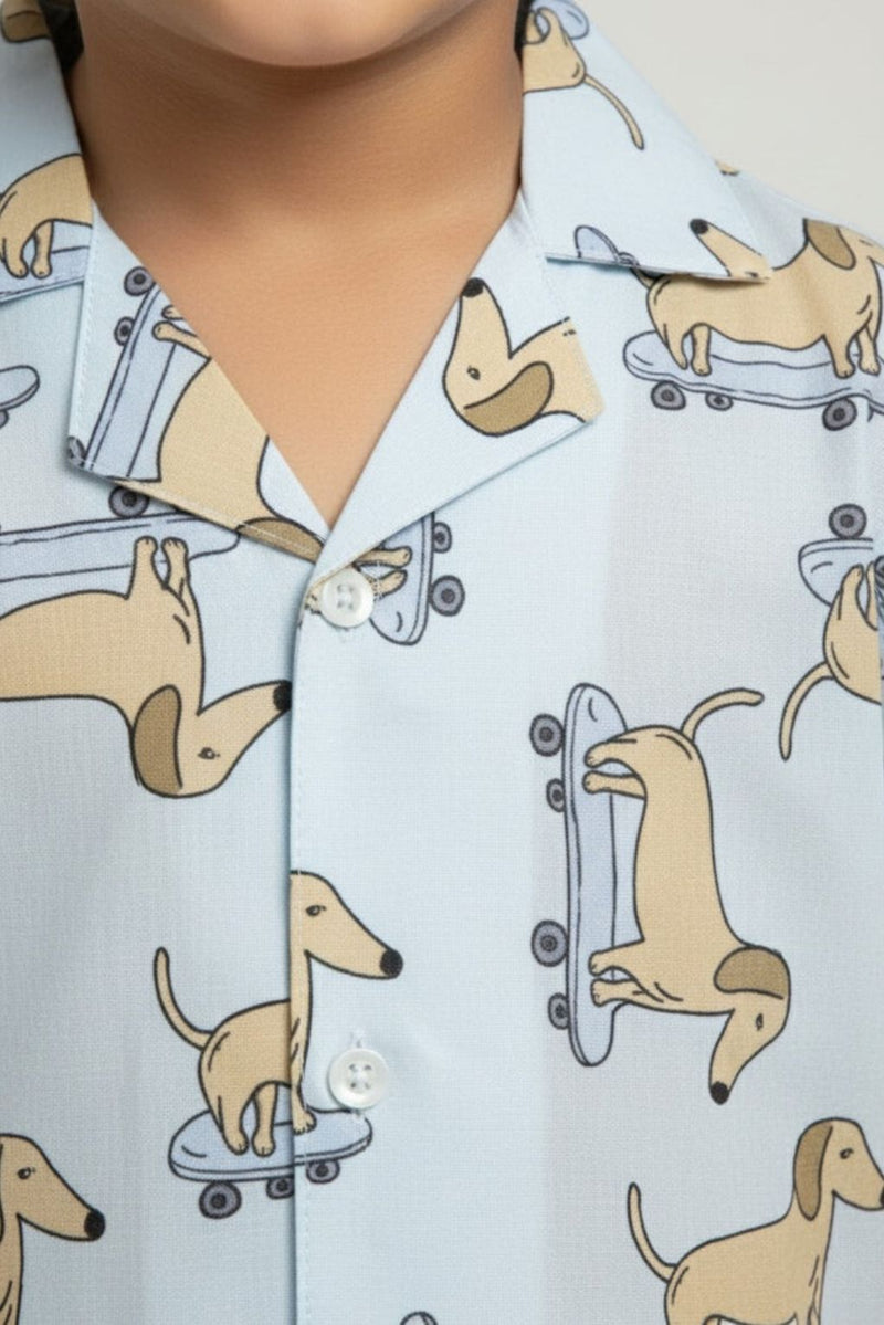 Boys Light Blue Dachshund Print Cotton Co-ord Set
