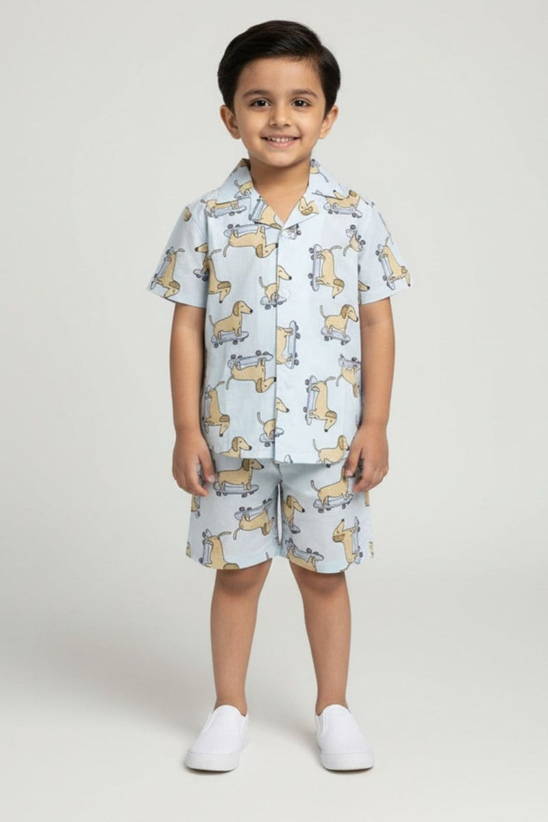 Boys Light Blue Dachshund Print Cotton Co-ord Set