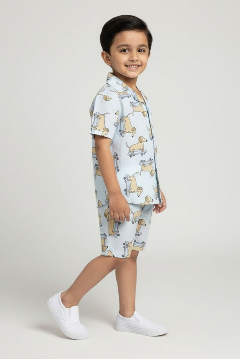 Boys Light Blue Dachshund Print Cotton Co-ord Set