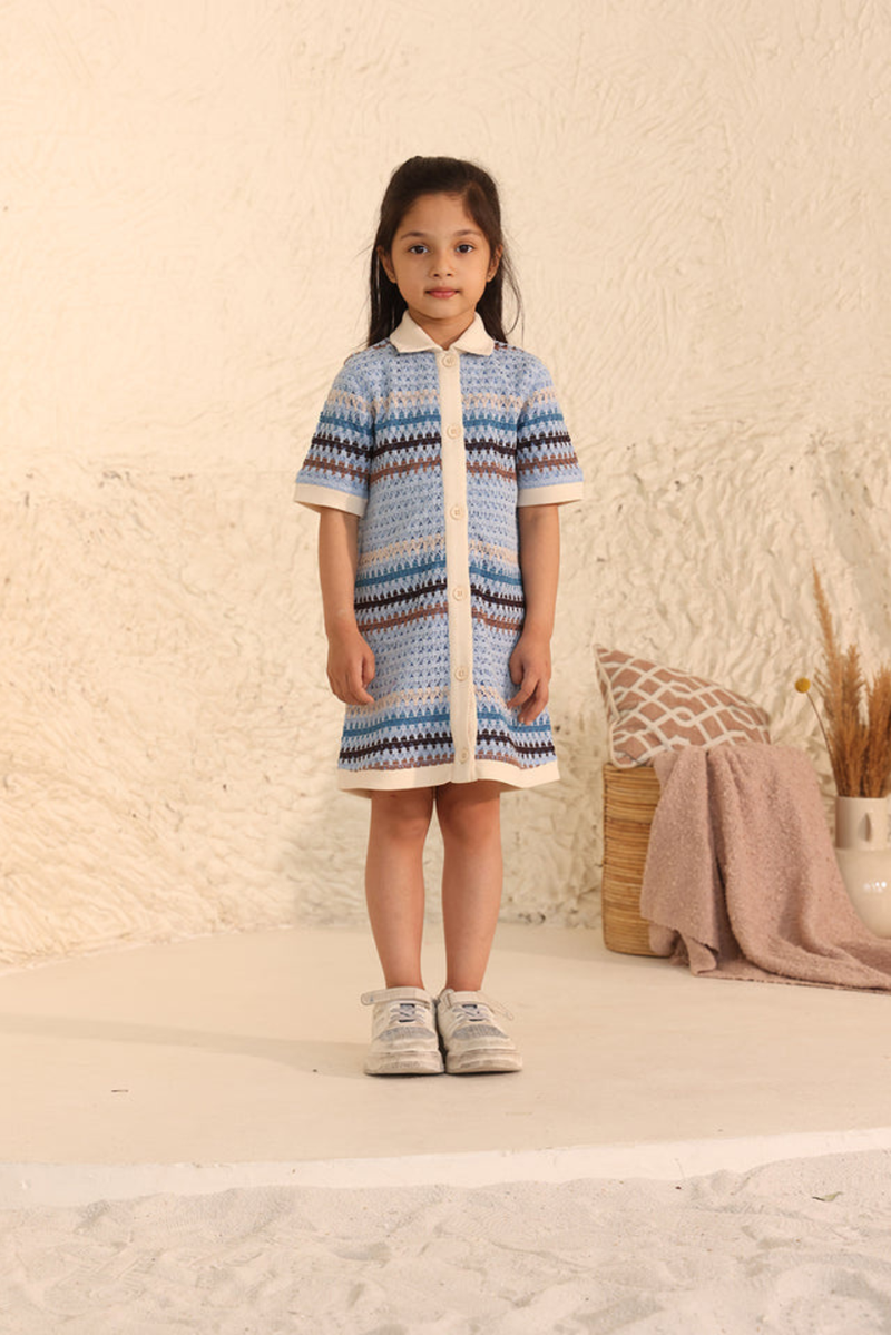 Spunkies Girls Blue Crochet Striped Spread Collar Short Sleeves Shirt Dress