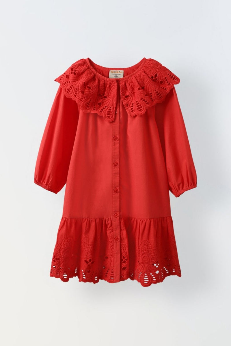 Red Eyelet Lace Ruffle Dress-Girls