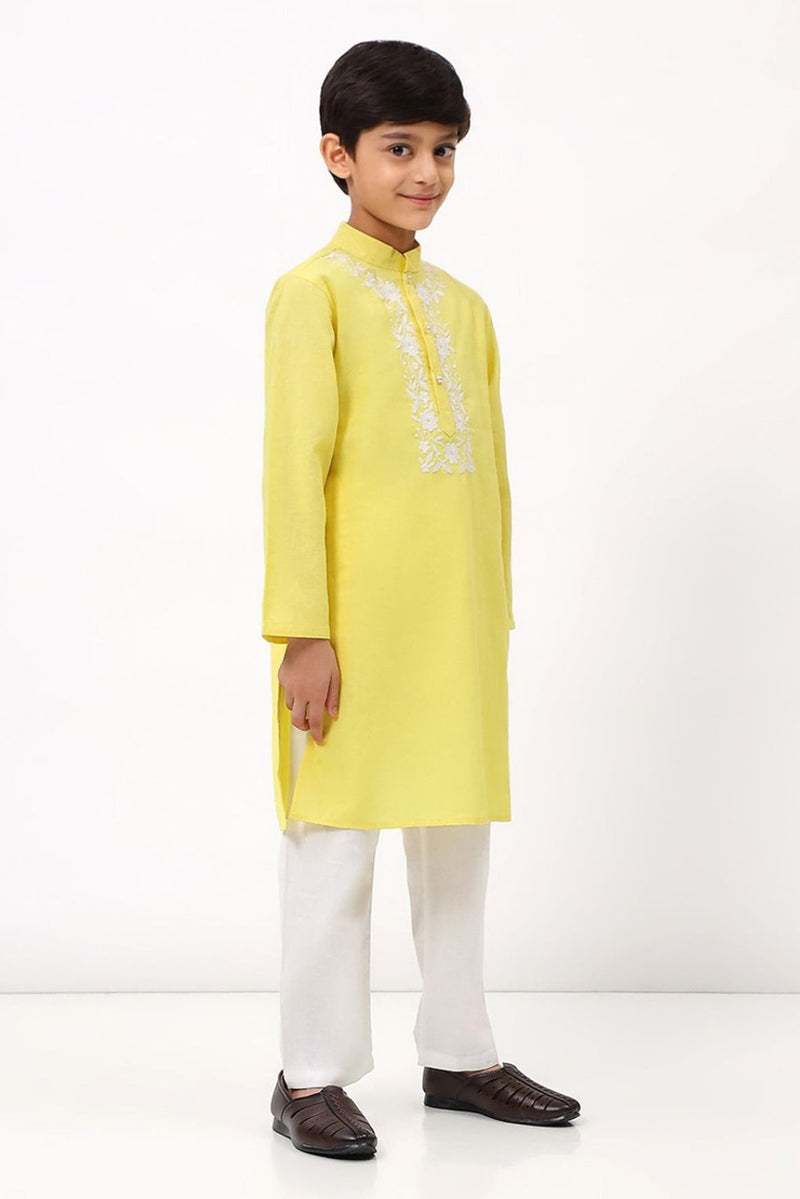Spunkies Boys Cotton Linen Yellow Embroidered Kurta Set