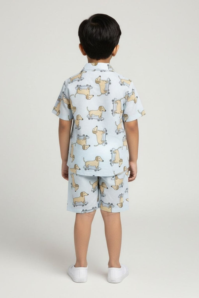 Boys Light Blue Dachshund Print Cotton Co-ord Set