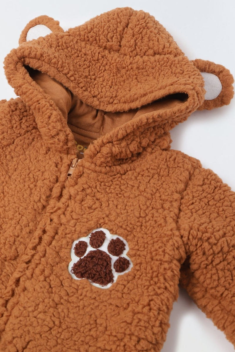 Infant Brown Sherpa Bear Romper with Ear Details - Cozy & Adorable Hooded Outfit
