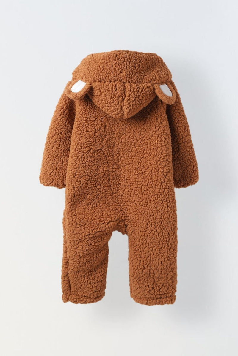Infant Brown Sherpa Bear Romper with Ear Details - Cozy & Adorable Hooded Outfit