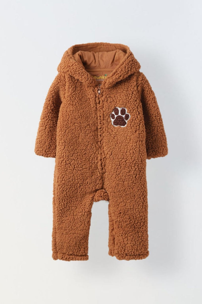 Infant Brown Sherpa Bear Romper with Ear Details - Cozy & Adorable Hooded Outfit