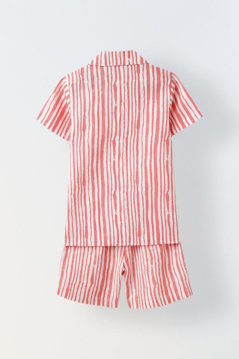 Spunkies White & Coral Red Striped Co-Ord Set- Boy