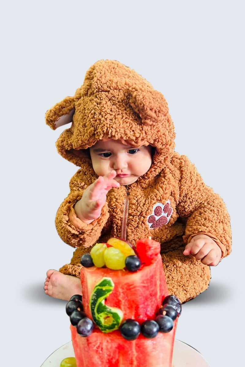 Infant Brown Sherpa Bear Romper with Ear Details - Cozy & Adorable Hooded Outfit