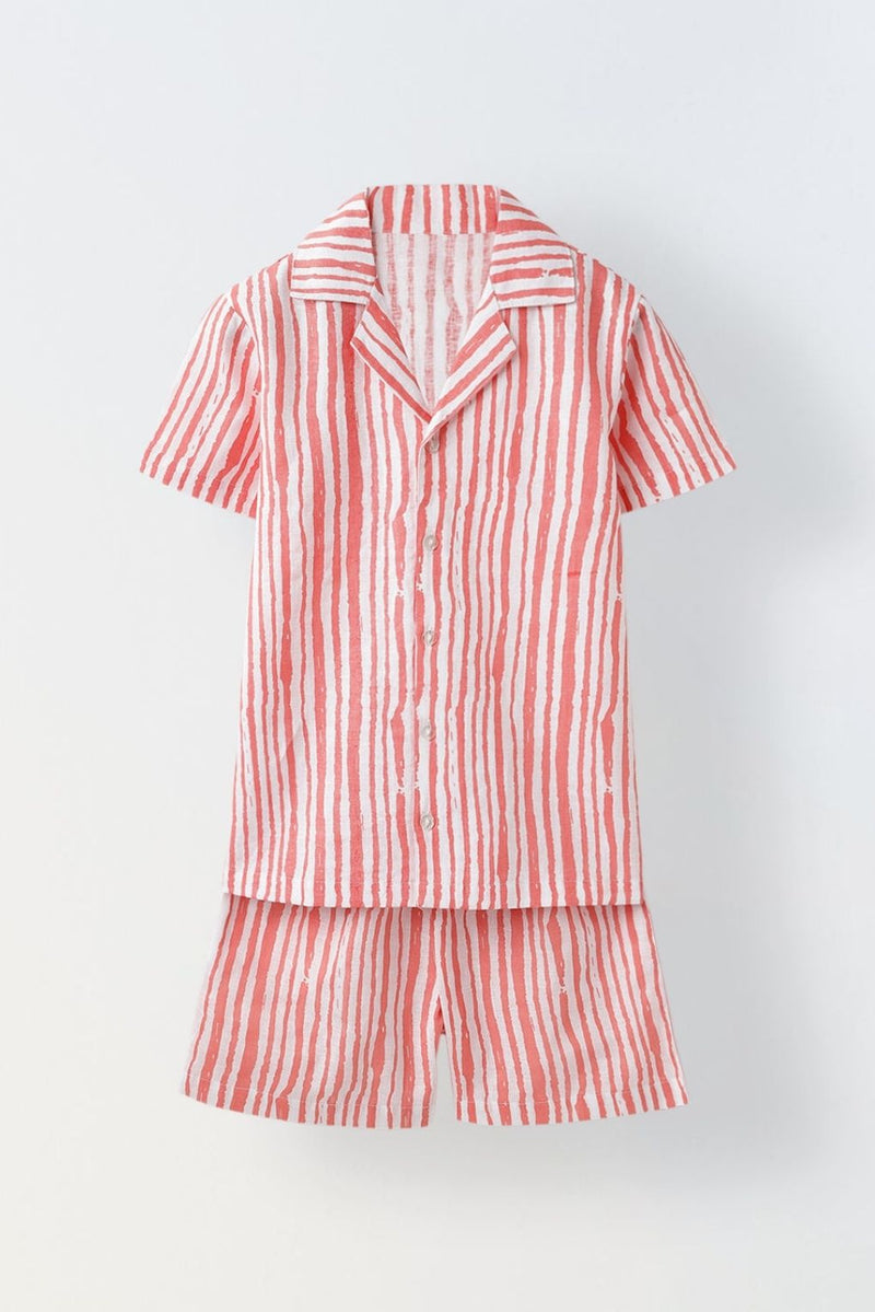 Spunkies White & Coral Red Striped Co-Ord Set- Boy