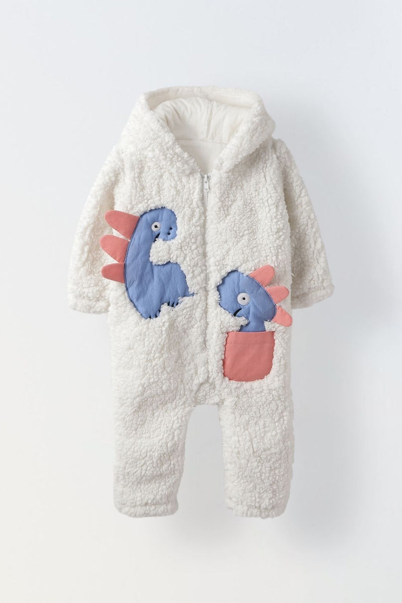 Infant Fuzzy Dinosaur Hooded Romper - Cozy & Adorable Winter Outfit