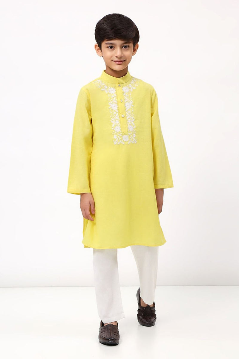 Spunkies Boys Cotton Linen Yellow Embroidered Kurta Set