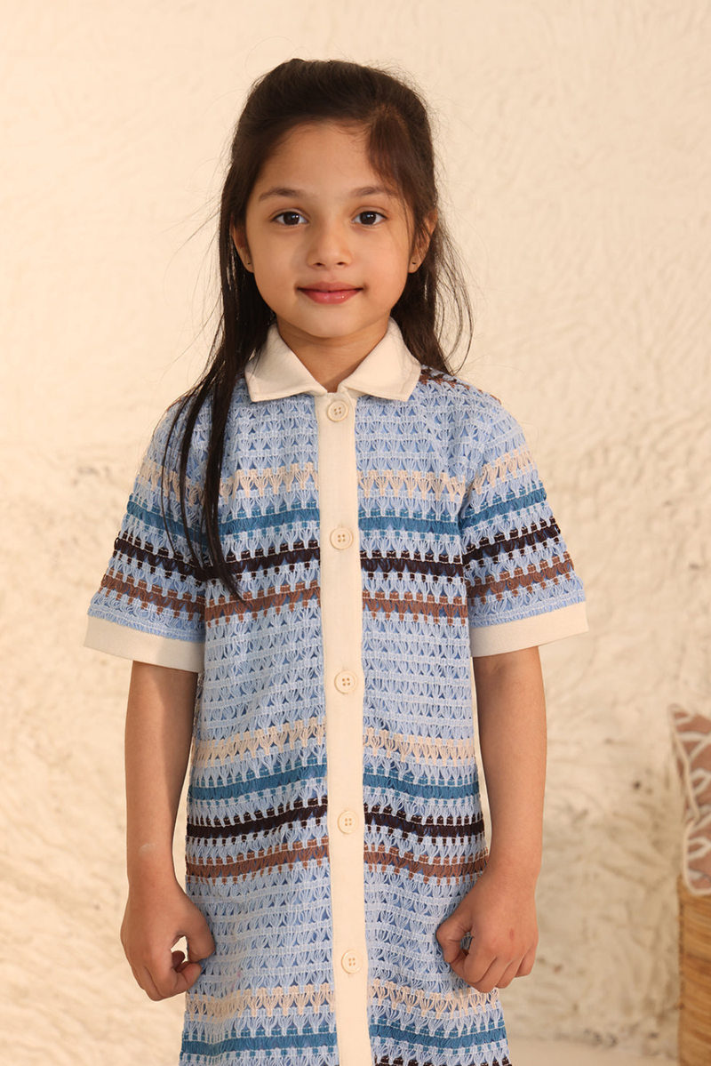 Spunkies Girls Blue Crochet Striped Spread Collar Short Sleeves Shirt Dress