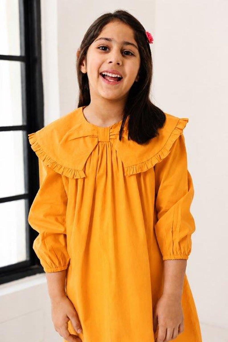Spunkies Girls Mustard Frill Collar Kids Dress