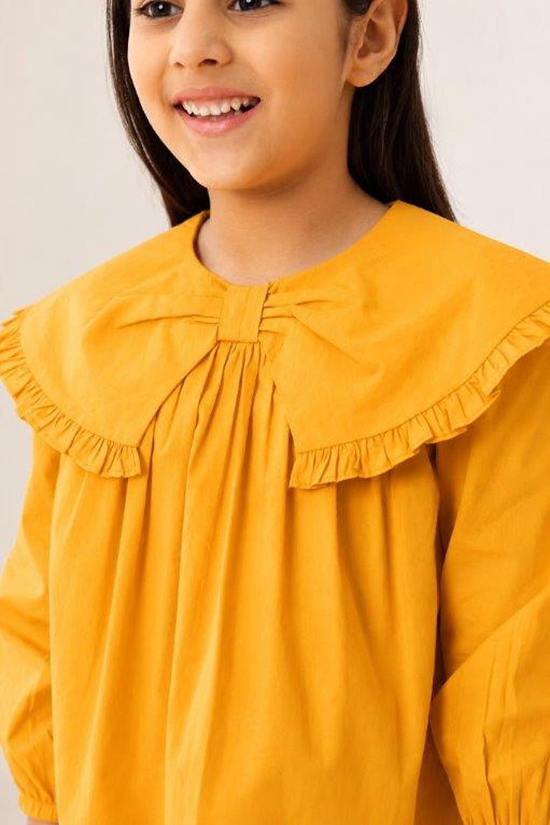 Spunkies Girls Mustard Frill Collar Kids Dress
