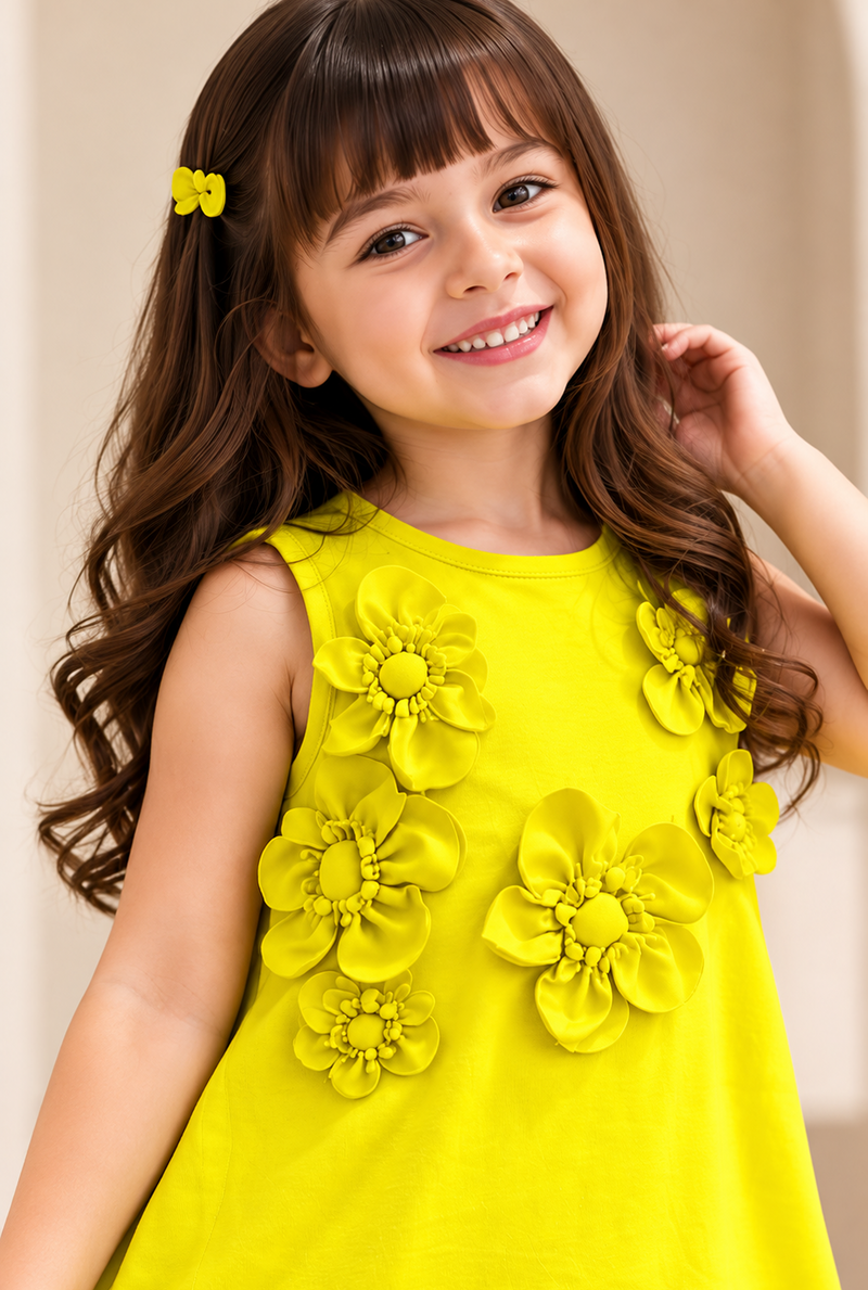 Spunkies Lime Sleeveless 3D Floral Dress
