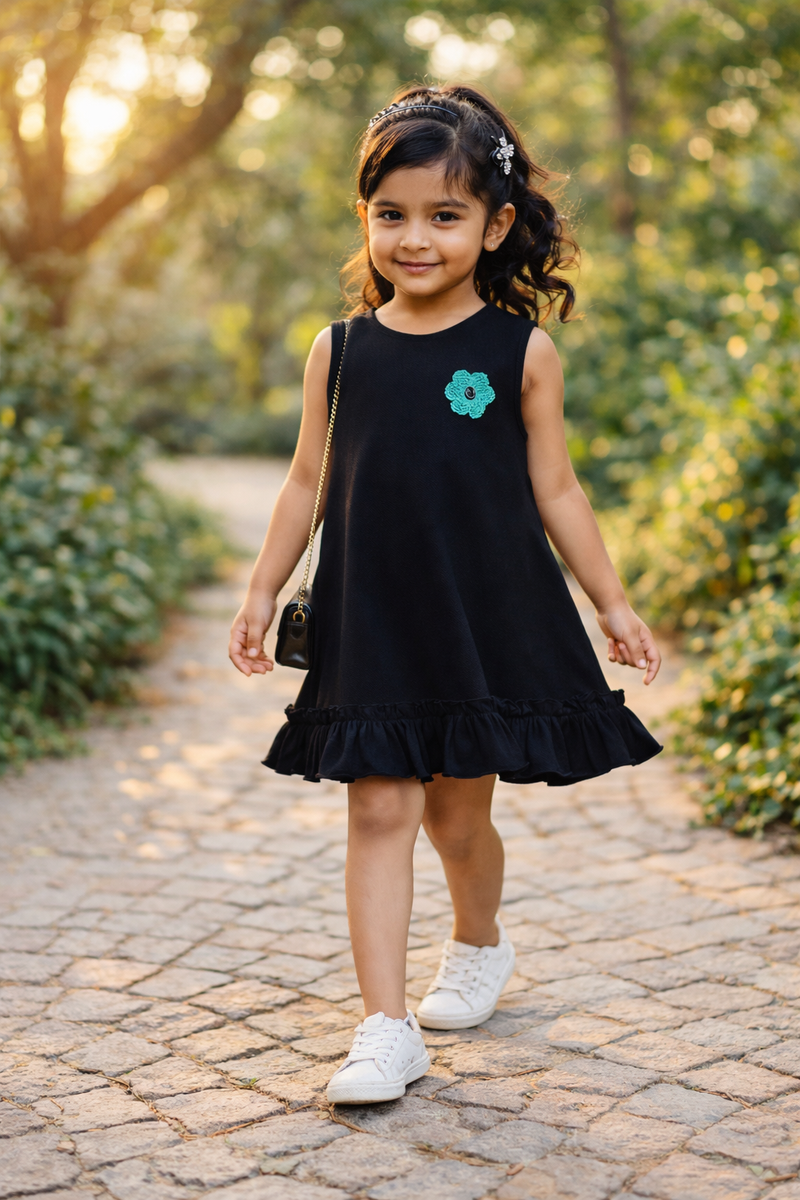 Black Cotton Sleeveless Ruffle Hem Dress