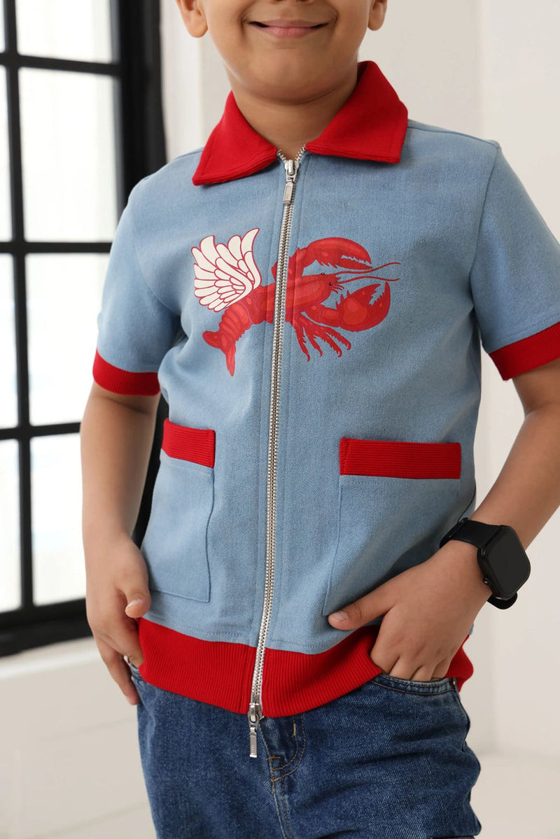 Spunkies Boys Blue Cotton Zip Shirt with Graphic Design