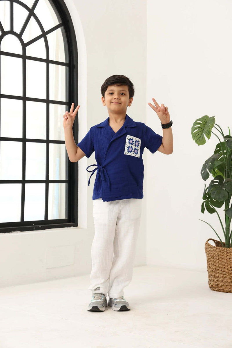 Spunkies Boys Textured Resort Collar Short Sleeves Wrap Shirt and Trousers Set