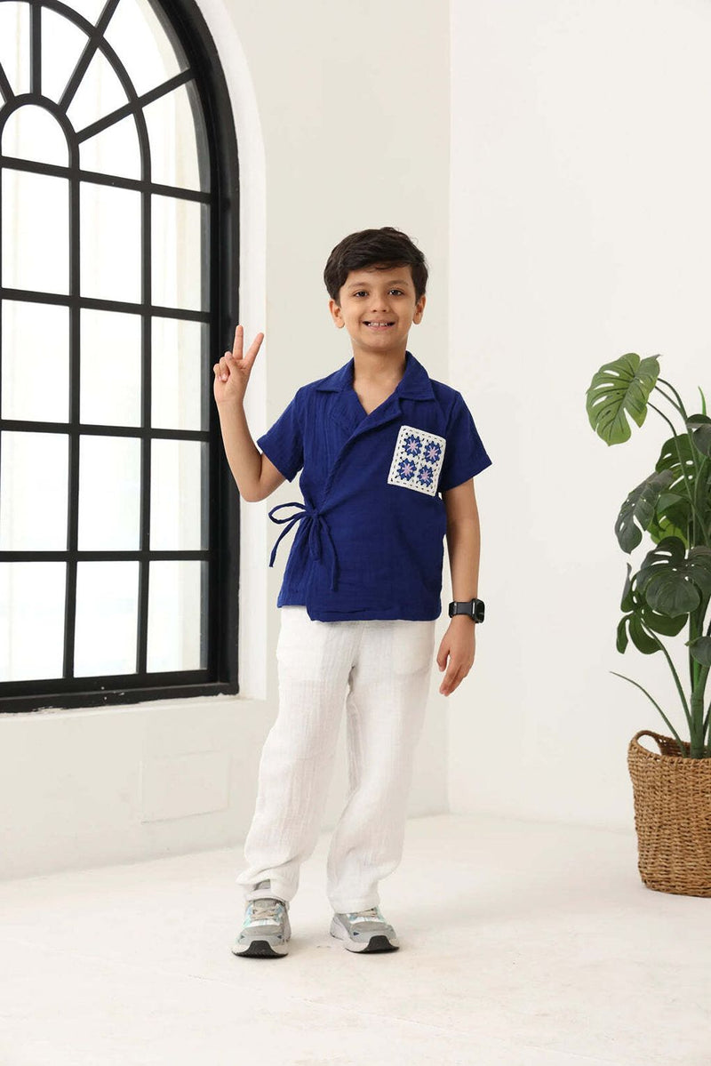 Spunkies Boys Textured Resort Collar Short Sleeves Wrap Shirt and Trousers Set