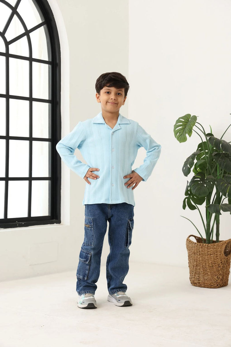 Spunkies Blue Boys Textured Cuban Collar Long Sleeves Shirt