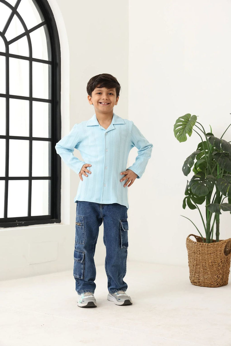 Spunkies Blue Boys Textured Cuban Collar Long Sleeves Shirt