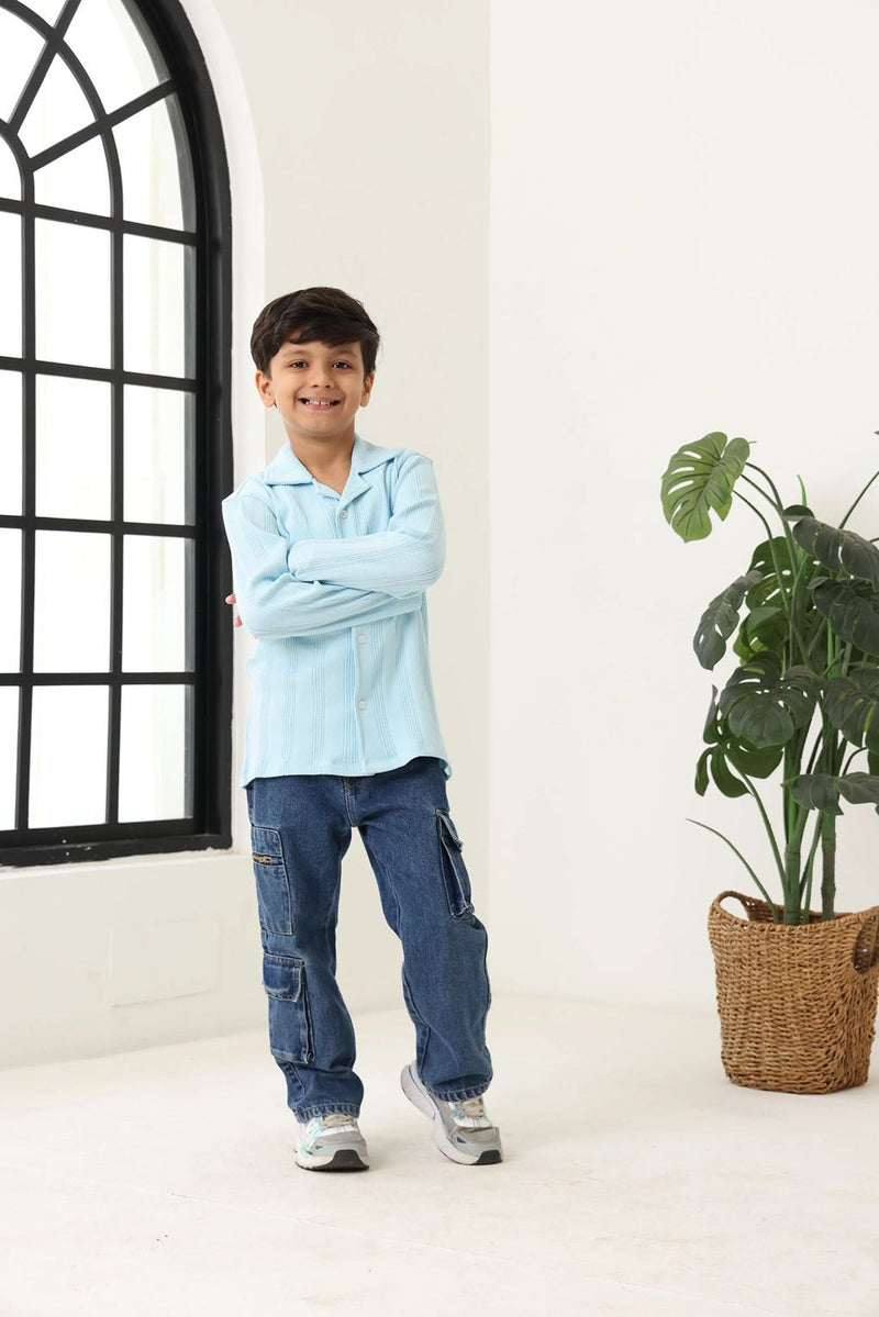 Spunkies Blue Boys Textured Cuban Collar Long Sleeves Shirt