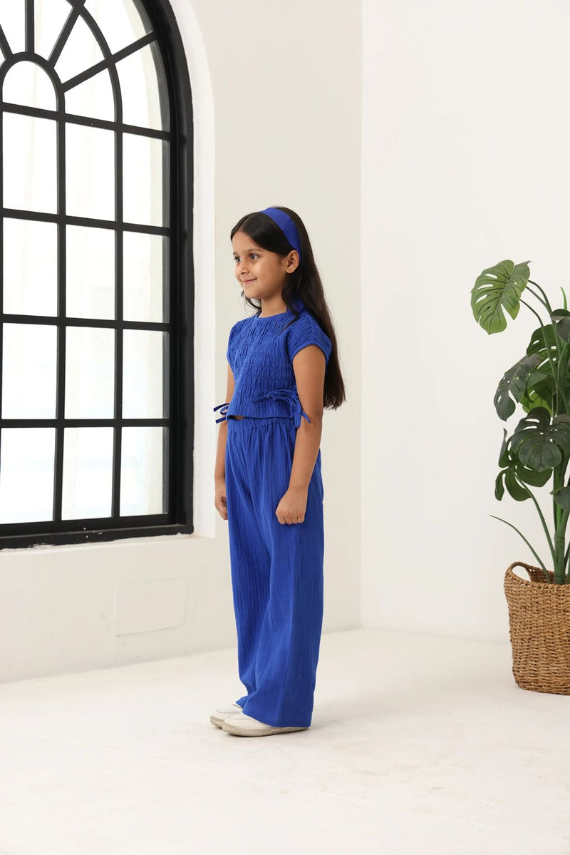 Spunkies Girls Blue Smocked Round Neck Sleeveless Top and Trousers Set