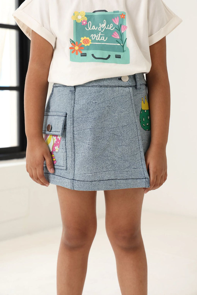 Spunkies Girls Light Wash Denim Lycra Skirt with Patch Pockets