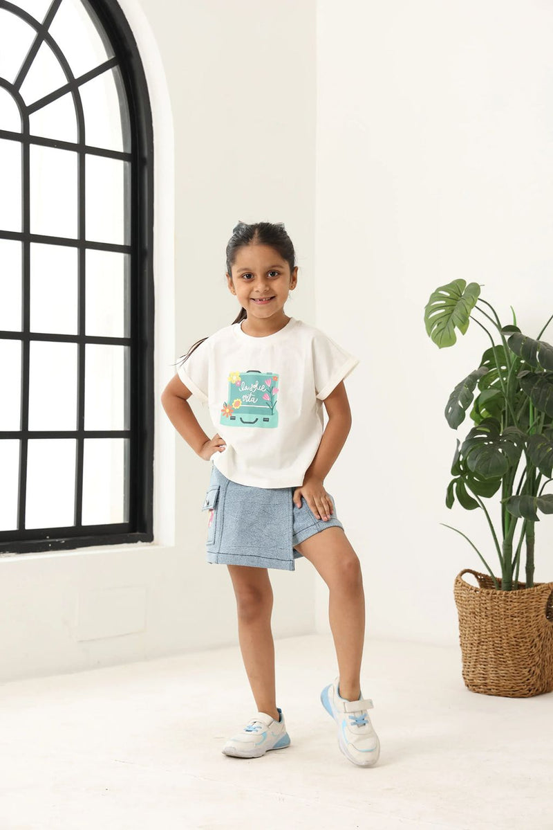 Spunkies Girls Light Wash Denim Lycra Skirt with Patch Pockets