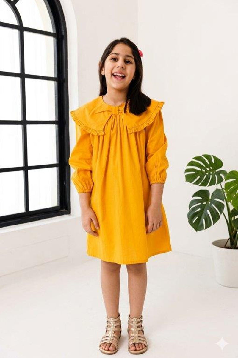 Spunkies Girls Mustard Frill Collar Kids Dress