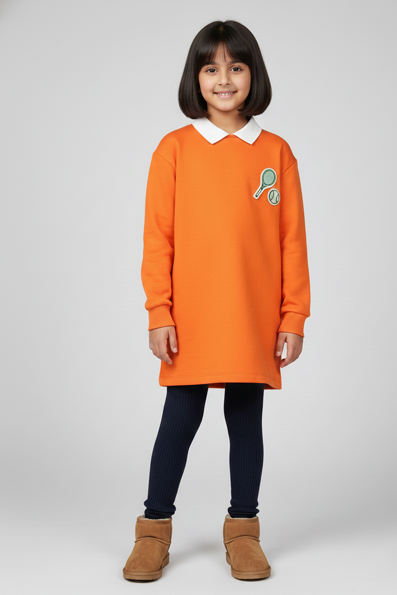 Spunkies Girls Orange Collar Neck Solid Dress