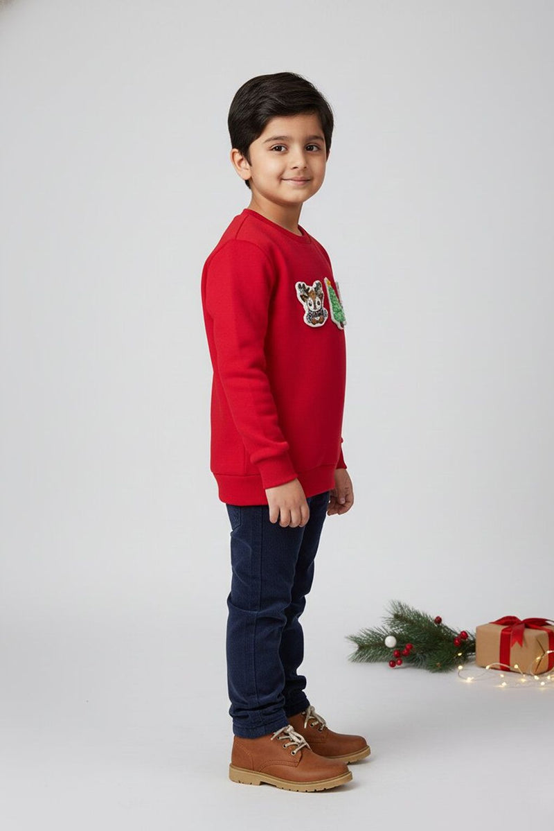 Spunkies Boys Red Christmas Patch Crewneck Sweatshirt