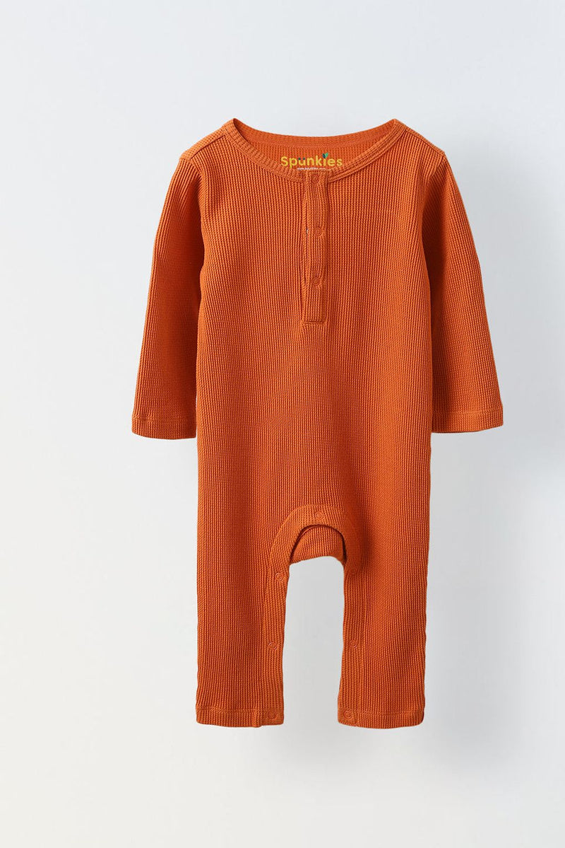 Spunkies Cotton Waffle Knit Solid Regular Casual Wear Romper Infant Full Sleeve Rust Soft Fabric