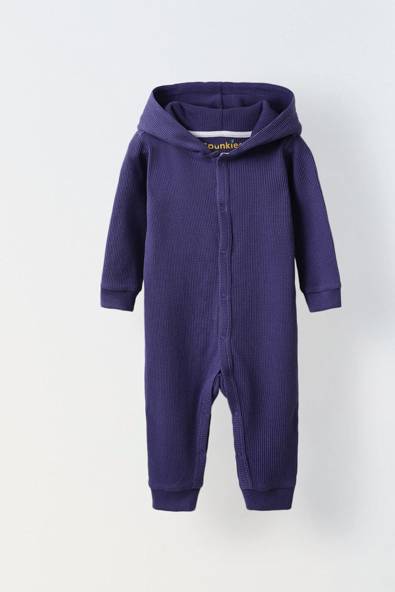 Spunkies Cotton Waffle Knit Solid Regular Casual Wear Romper Infant Full Sleeve Blue Soft Fabric
