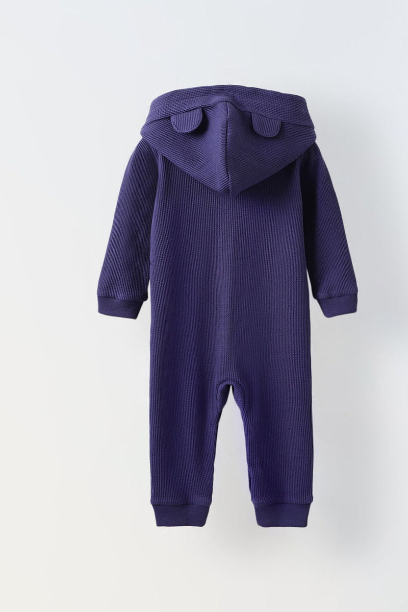 Spunkies Cotton Waffle Knit Solid Regular Casual Wear Romper Infant Full Sleeve Blue Soft Fabric