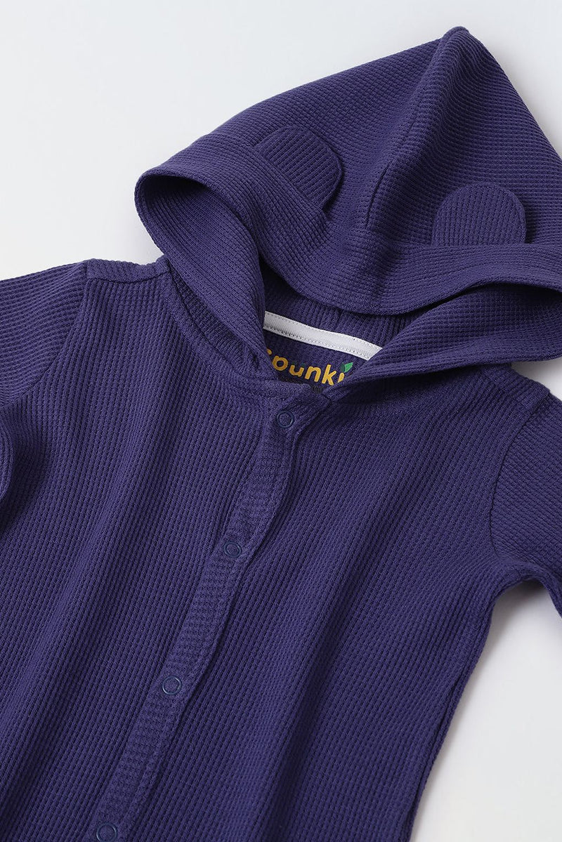 Spunkies Cotton Waffle Knit Solid Regular Casual Wear Romper Infant Full Sleeve Blue Soft Fabric