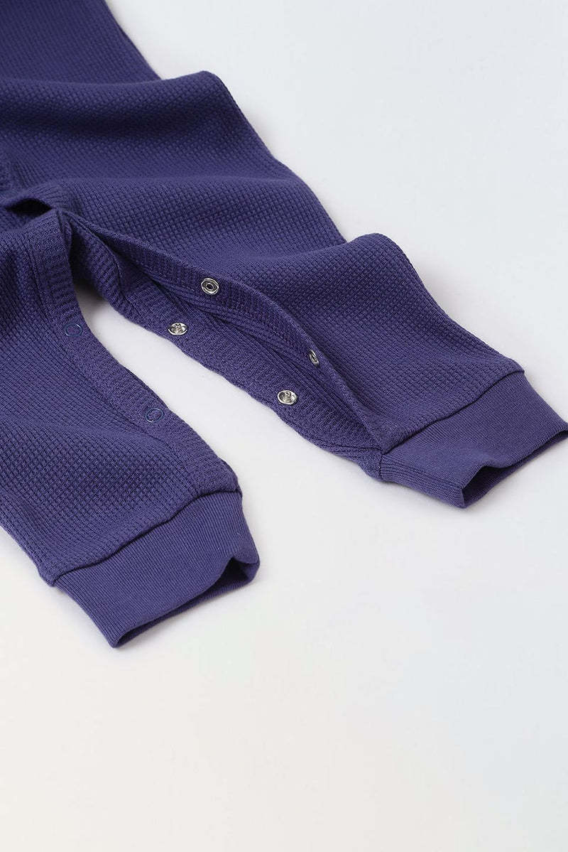 Spunkies Cotton Waffle Knit Solid Regular Casual Wear Romper Infant Full Sleeve Blue Soft Fabric