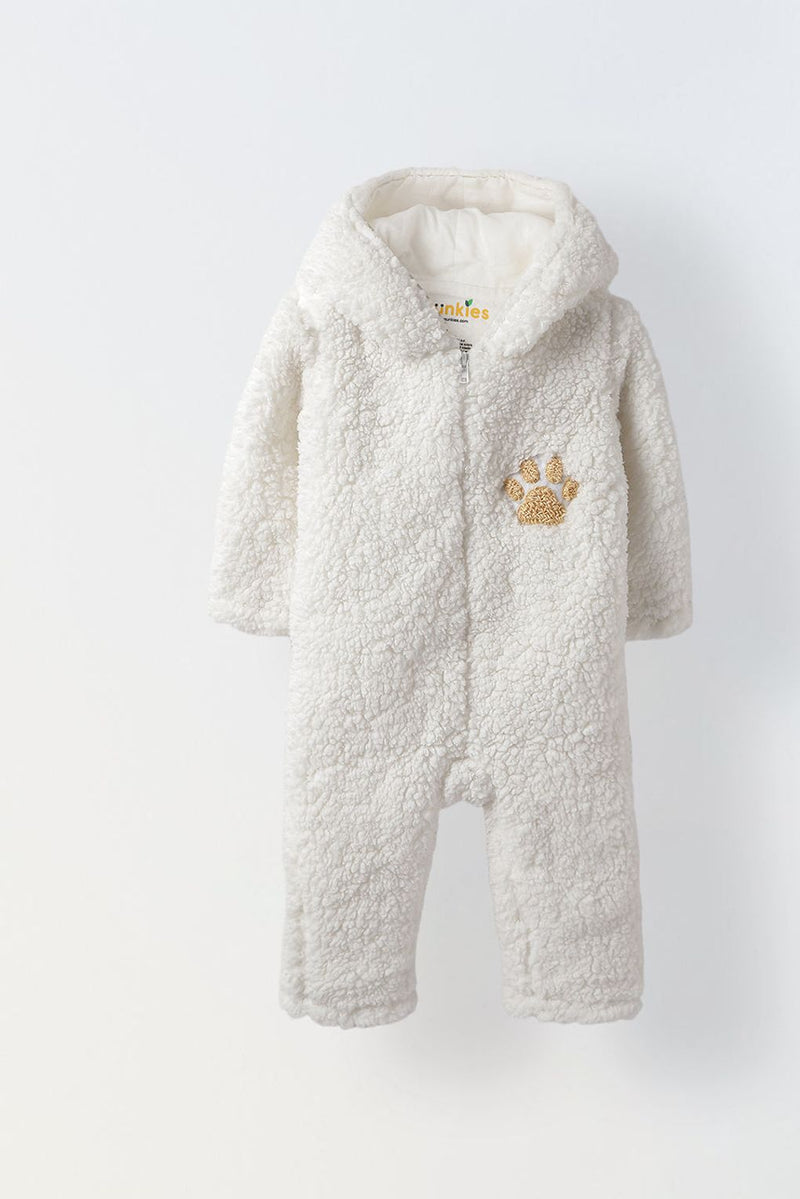 Spunkies Infant Sherpa Paw Print Hooded Romper - Ultra-Soft & Cozy Winter Outfit