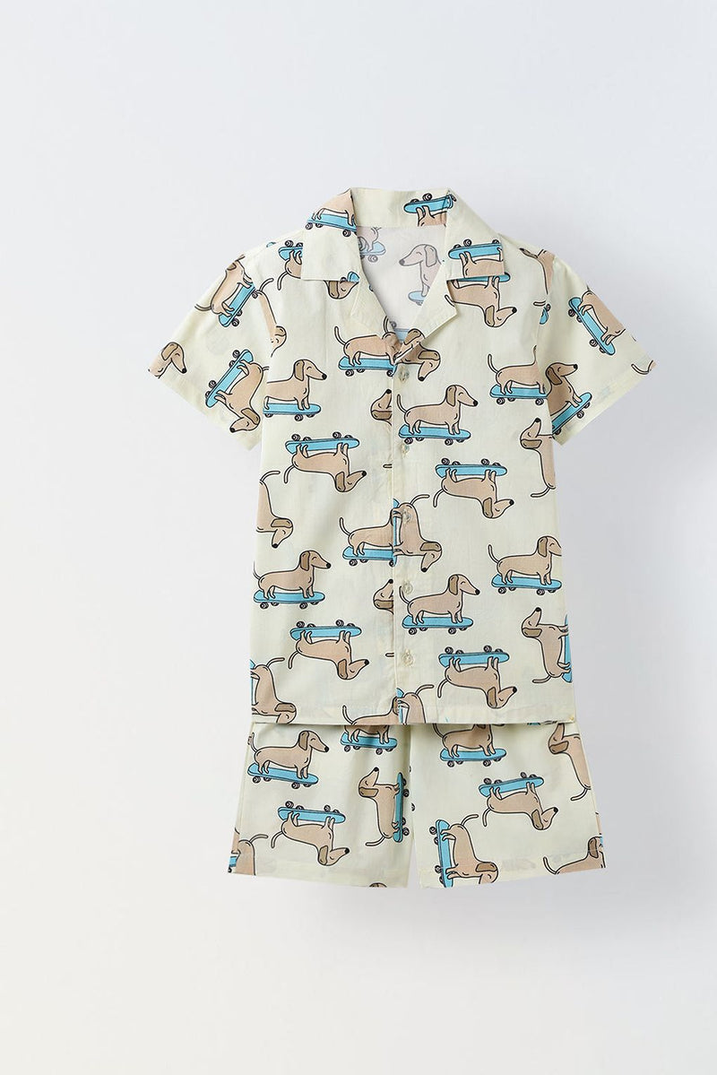Spunkies Off White Dachshund Print Cotton Co-Ord Set For Boy