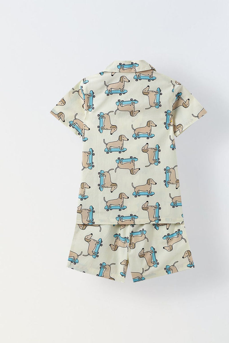 Spunkies Off White Dachshund Print Cotton Co-Ord Set For Boy