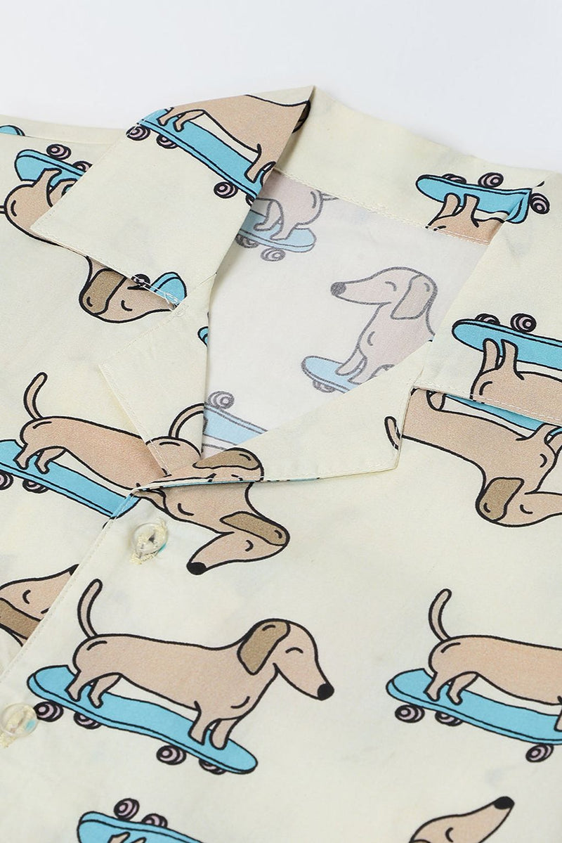 Spunkies Off White Dachshund Print Cotton Co-Ord Set For Boy