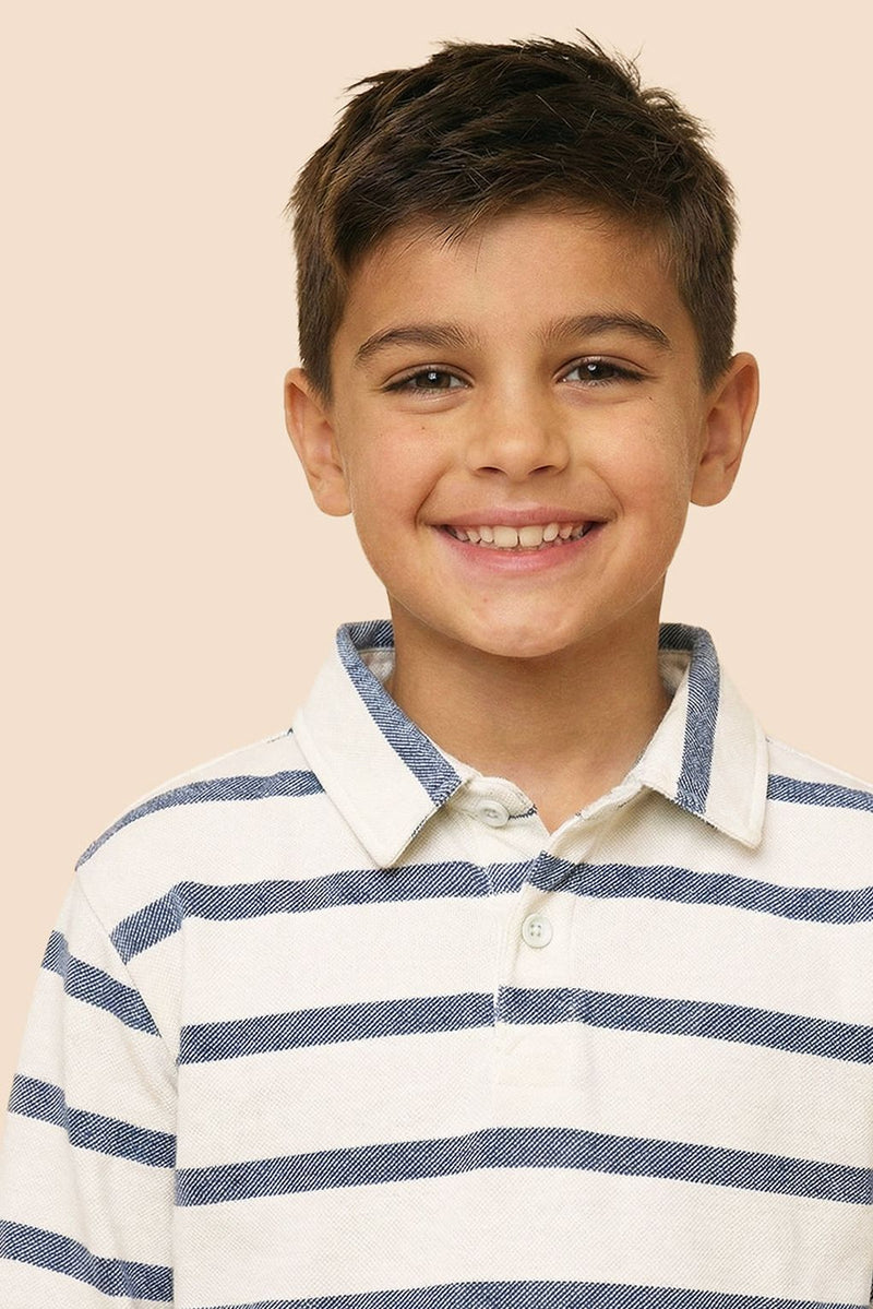 Spunkies Boys White Collar Neck Striped Polo T-Shirt