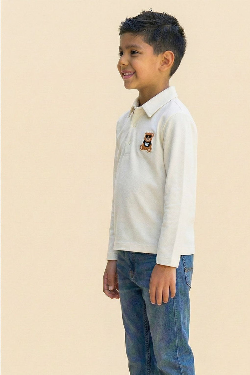 Spunkies Boys Off White Collar Neck Polo T-Shirt with Patch