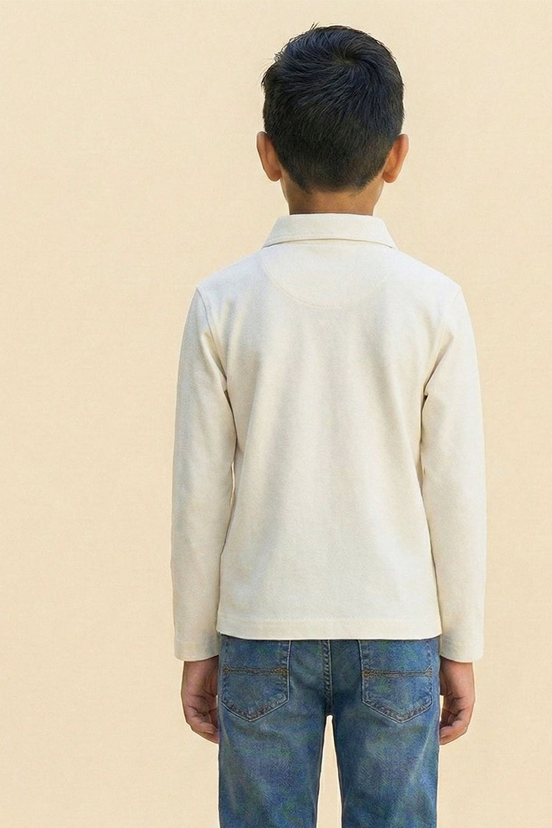Spunkies Boys Off White Collar Neck Polo T-Shirt with Patch