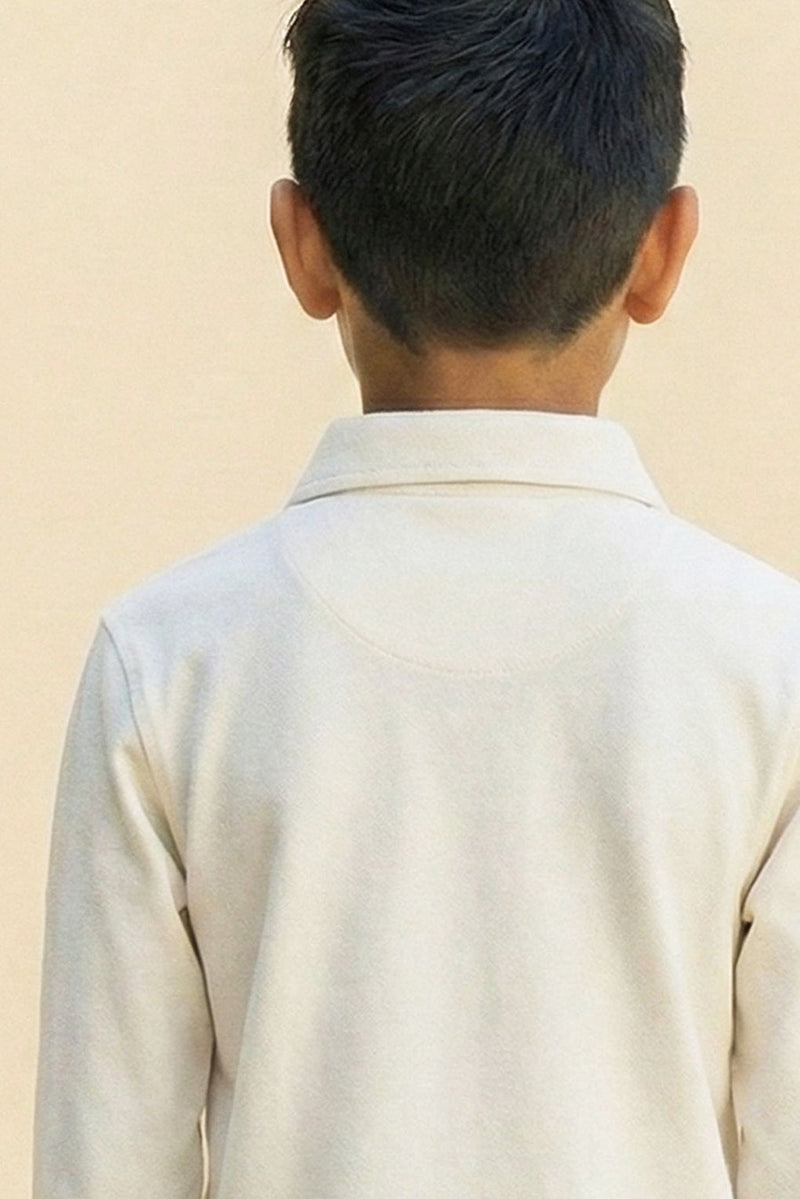 Spunkies Boys Off White Collar Neck Polo T-Shirt with Patch