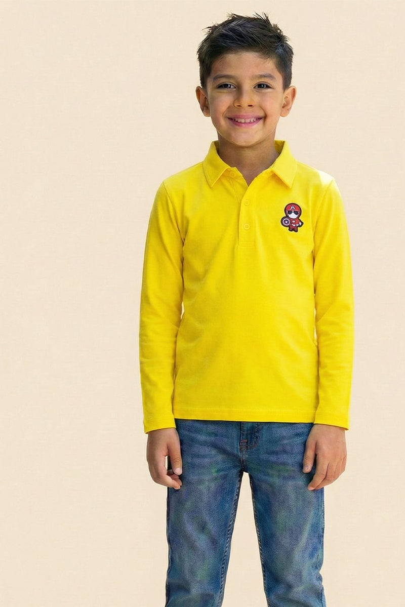Spunkies Boys Yellow Collar Neck Polo T-Shirt with Patch