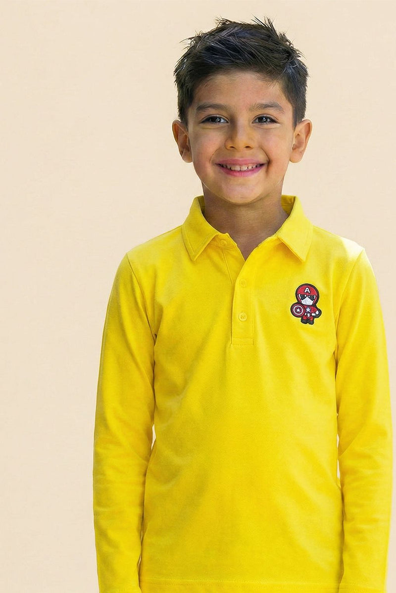 Spunkies Boys Yellow Collar Neck Polo T-Shirt with Patch