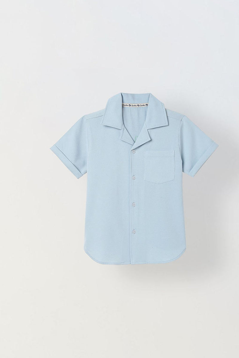 Spunkies Light Blue Boys Graphic Print Cuban Collar Short Sleeves Shirt